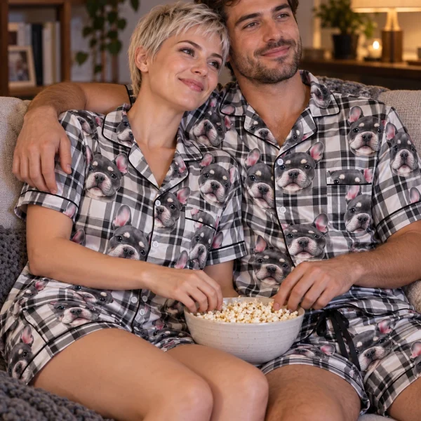 Woman and her partner in matching pink pajama set with grey French bulldog faces on white plaid satin — MyDogPics