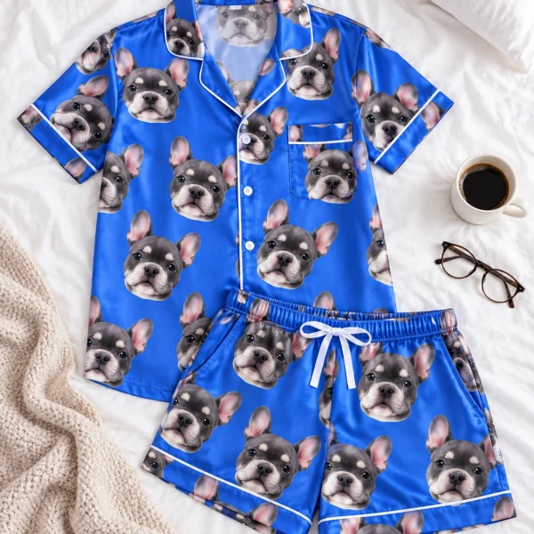 Flat lay of a pink pajama set: shirt and shorts covered in grey French bulldog faces — MyDogPics