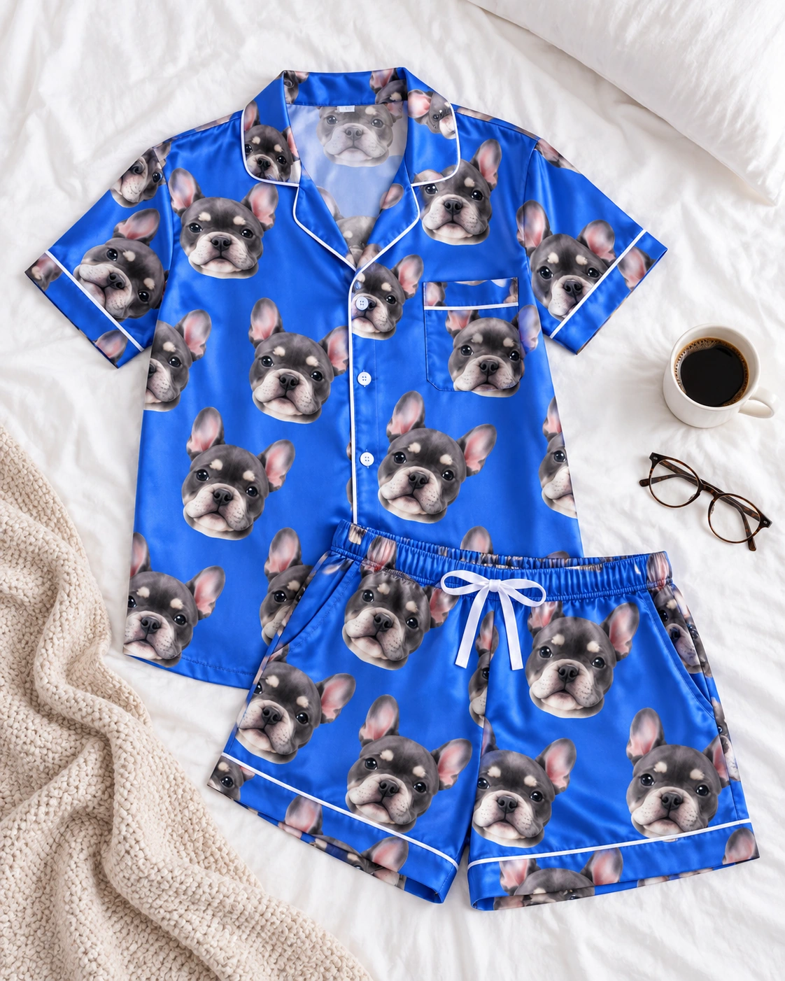 Pink Pajama Set – Flat Lay, Royal Blue | MyDogPics Flat lay of a pink pajama set: shirt and shorts covered in grey French bulldog faces — MyDogPics
