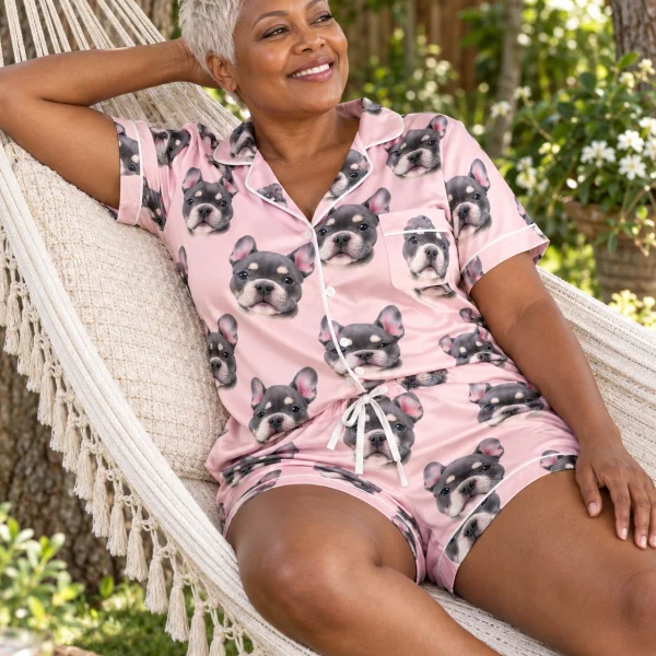 Woman sitting in a pink pajama set covered in grey French bulldog faces — MyDogPics