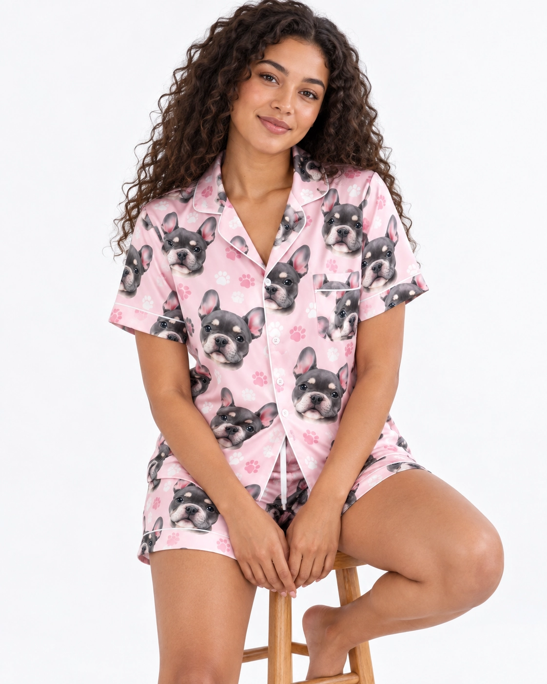 Pink Pajama Set – Sitting, Blush Pink Paw-Print | MyDogPics Woman sitting in a pink pajama set covered in grey French bulldog faces — MyDogPics