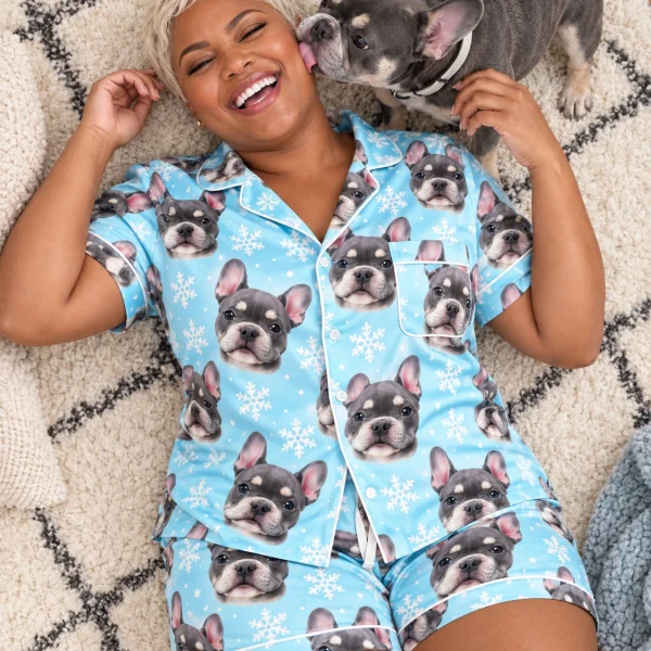 Woman in a pink pajama set with her French bulldog — MyDogPics