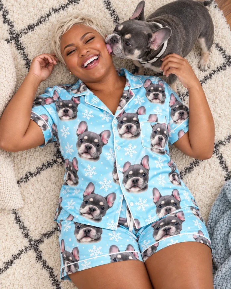 Woman in a pink pajama set with her French bulldog — MyDogPics