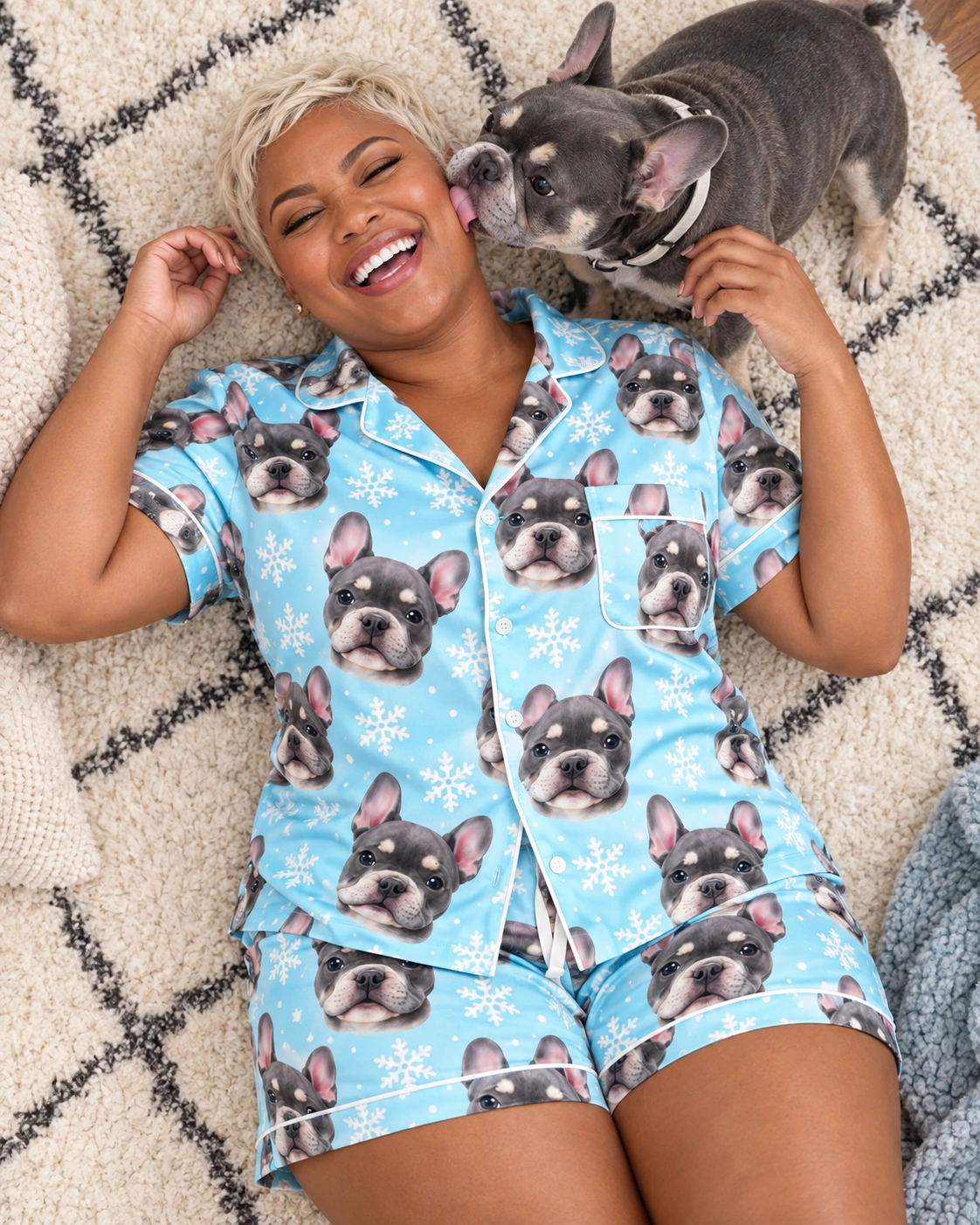Pink Pajama Set – With Dog, Blue Snowflake | MyDogPics Woman in a pink pajama set with her French bulldog — MyDogPics