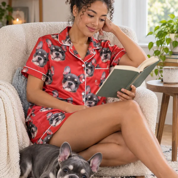 Woman in a pink pajama set with her French bulldog — MyDogPics