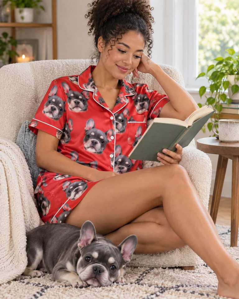 Woman in a pink pajama set with her French bulldog — MyDogPics
