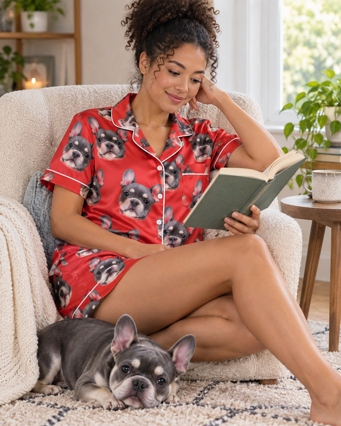 Pink Pajama Set – With Dog, Red | MyDogPics Woman in a pink pajama set with her French bulldog — MyDogPics