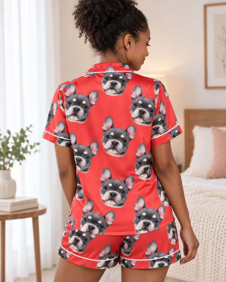 Back view of pink satin pajamas: the print continues all the way round — MyDogPics