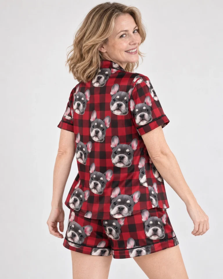 Back view of pink satin pajamas: the print continues all the way round — MyDogPics