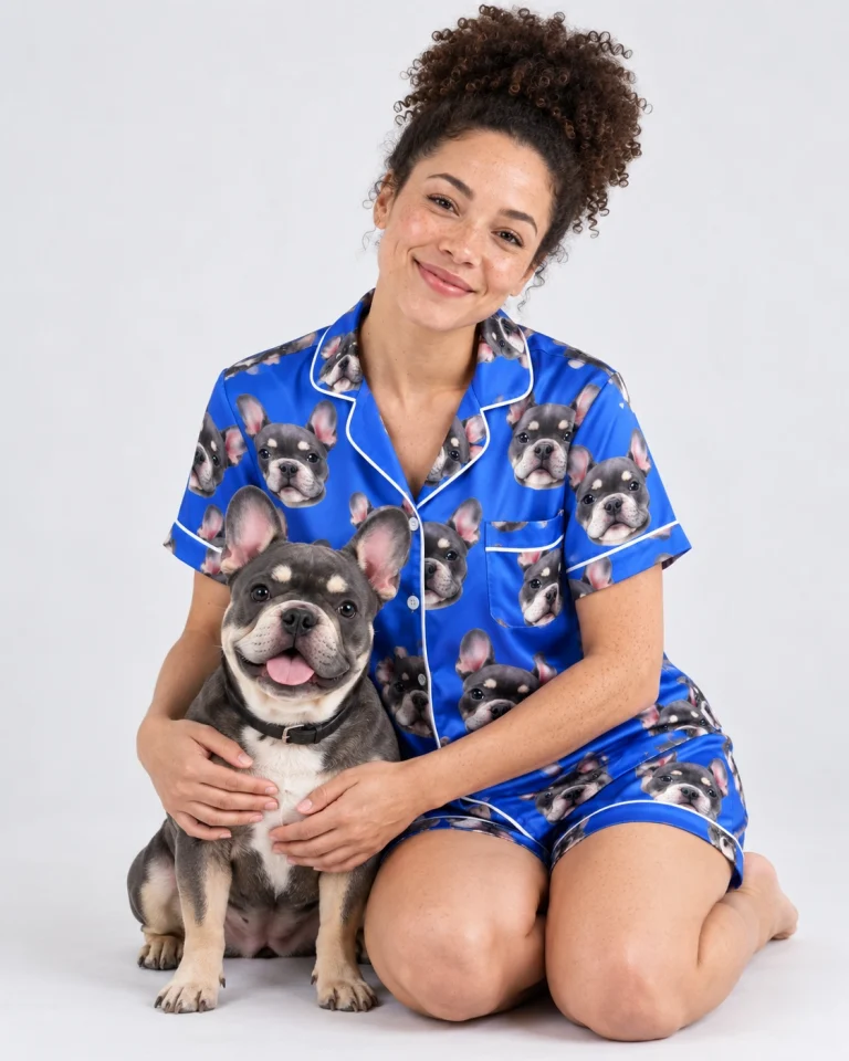 Woman in pink satin pajamas cuddling her French bulldog — MyDogPics