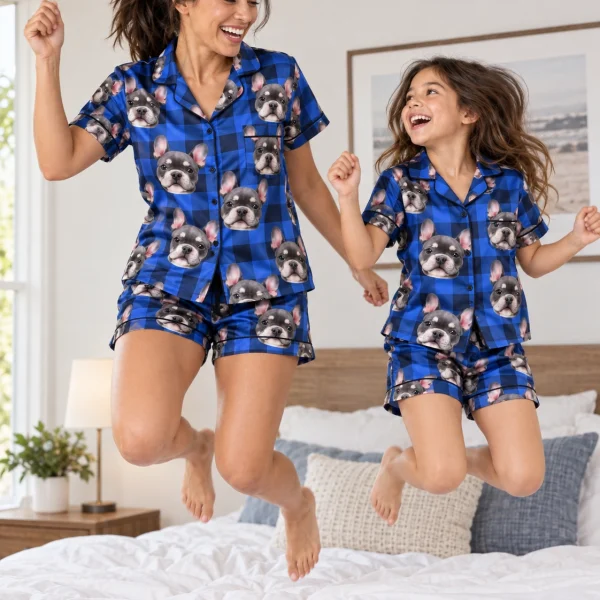 Woman and her daughter in matching pink satin pajamas with grey French bulldog faces on blue plaid satin — MyDogPics