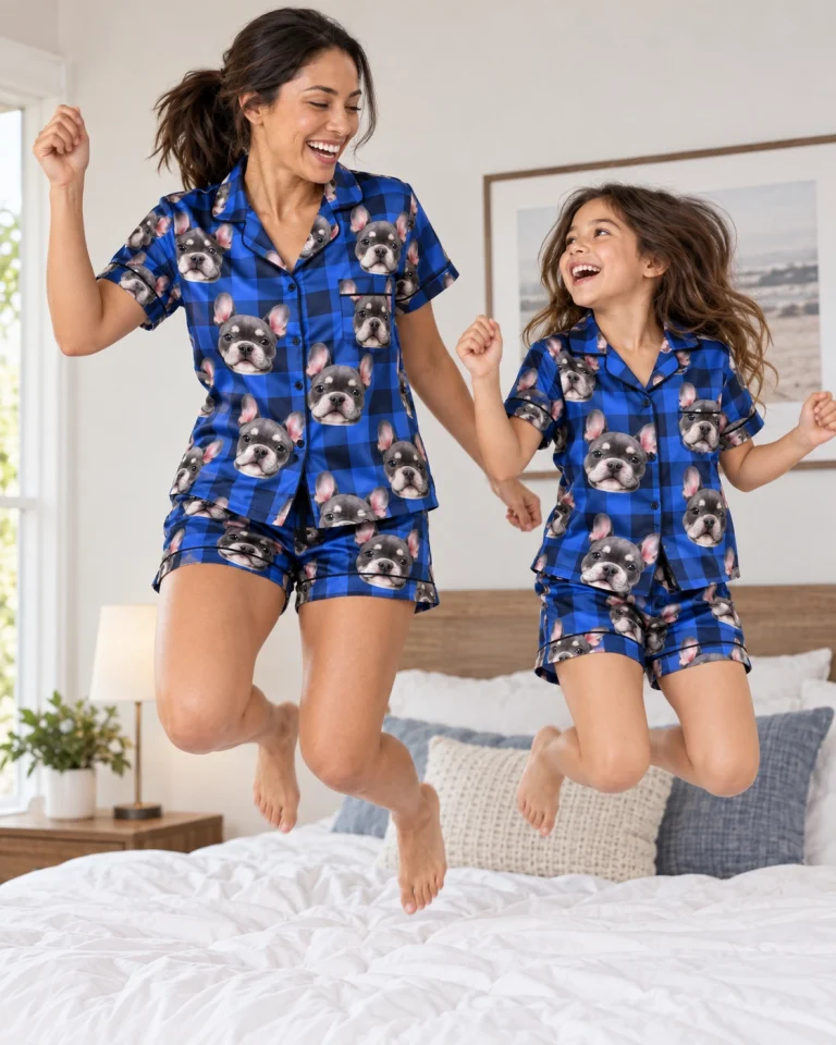 Woman and her daughter in matching pink satin pajamas with grey French bulldog faces on blue plaid satin — MyDogPics