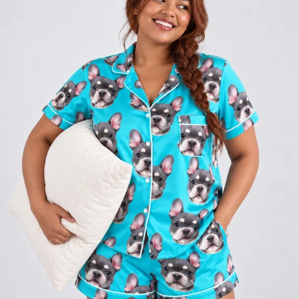 Woman wearing pink satin pajamas covered in grey French bulldog faces on teal satin — MyDogPics