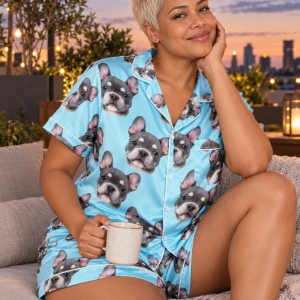 Woman sitting in pink satin pajamas covered in grey French bulldog faces — MyDogPics