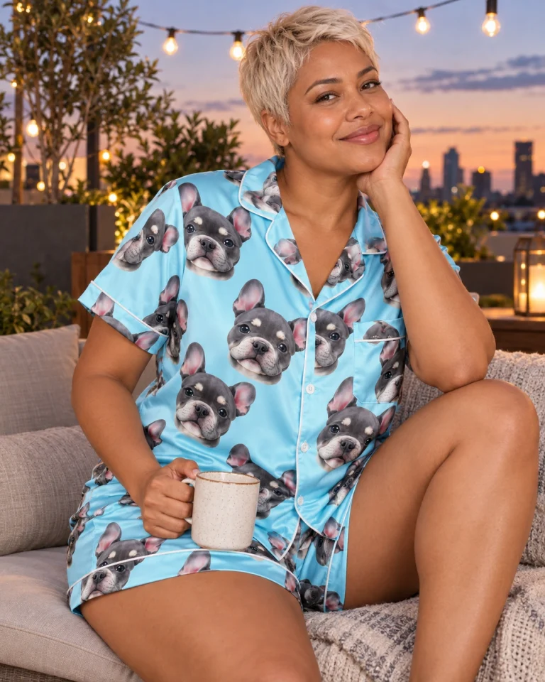 Woman sitting in pink satin pajamas covered in grey French bulldog faces — MyDogPics