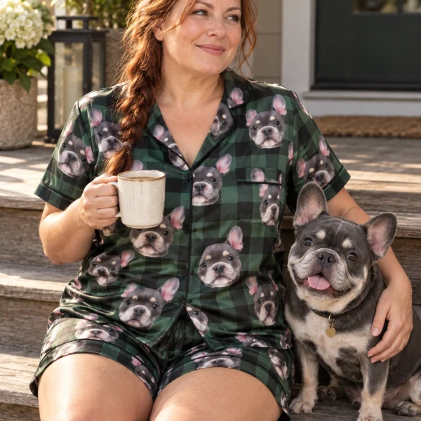 Woman in pink satin pajamas with her French bulldog — MyDogPics