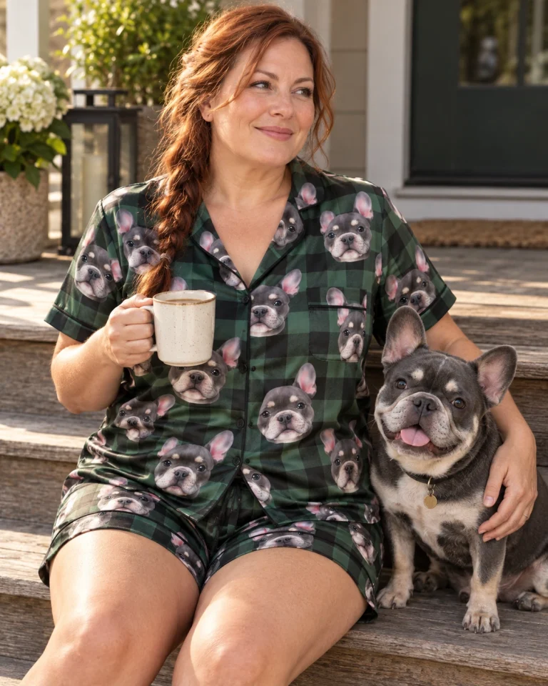 Woman in pink satin pajamas with her French bulldog — MyDogPics