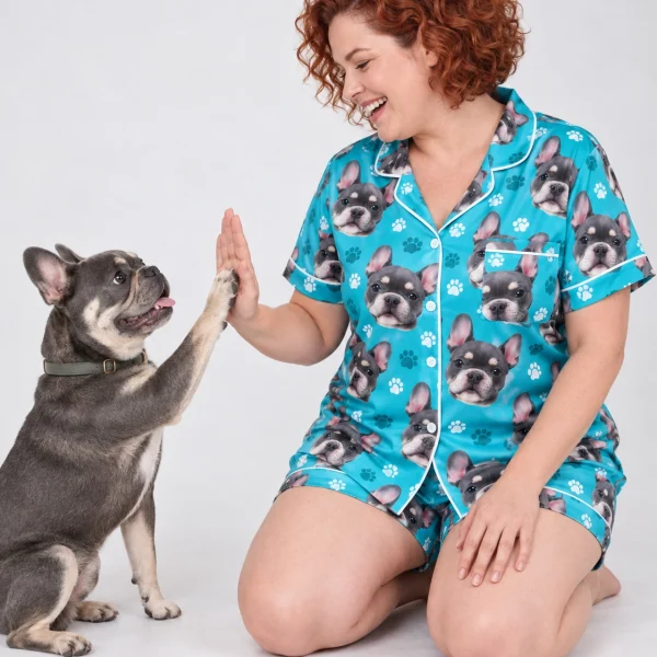 Woman in pink satin pajamas with her French bulldog — MyDogPics