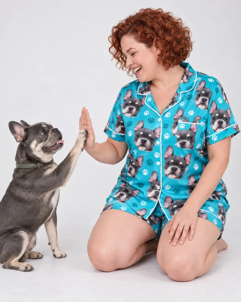 Woman in pink satin pajamas with her French bulldog — MyDogPics