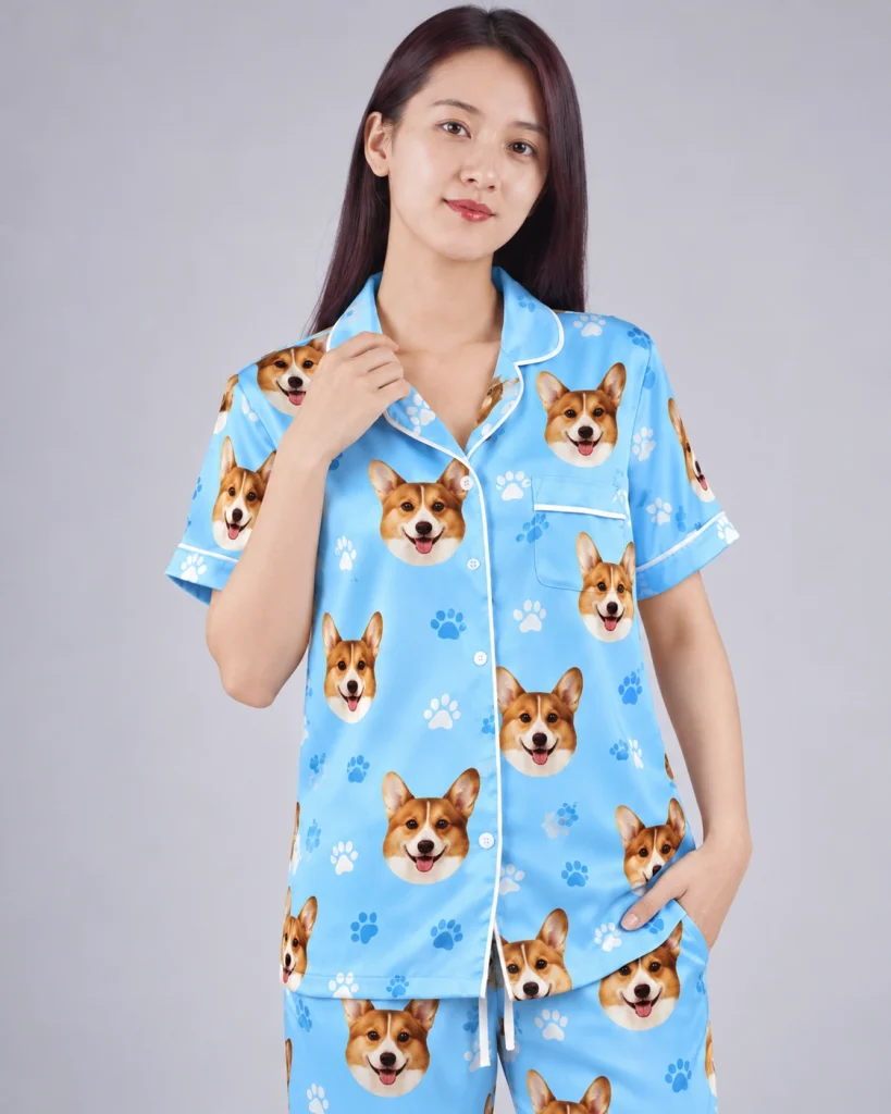 Close-up of the PJs with dogs on them print: corgi faces on sky blue satin with paw prints — MyDogPics