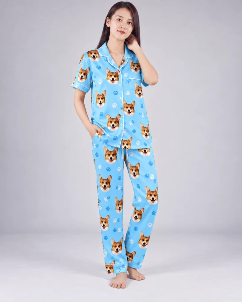 Woman posing in PJs with dogs on them, corgi faces on sky blue satin with paw prints — MyDogPics