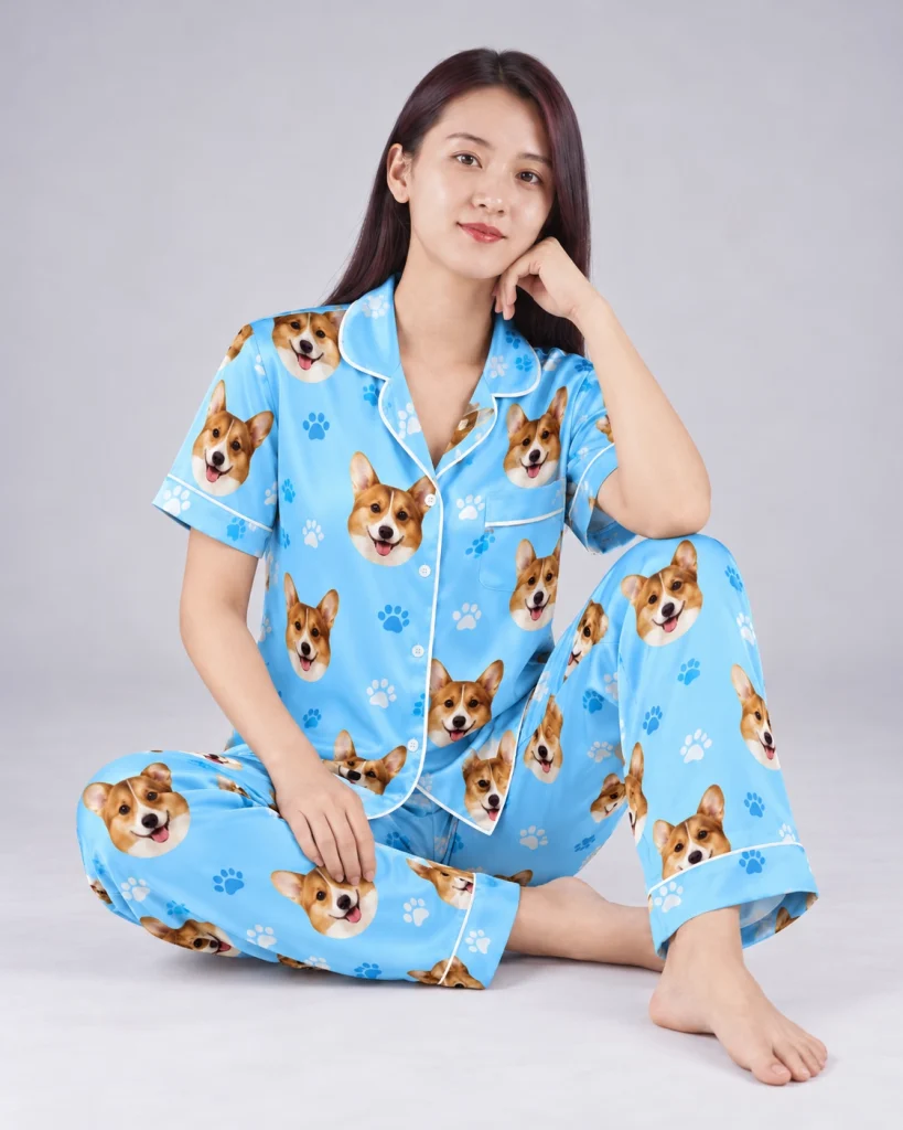 Woman sitting in PJs with dogs on them covered in corgi faces — MyDogPics
