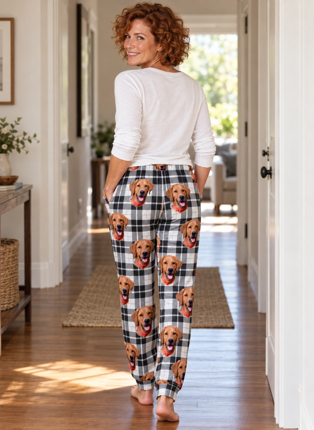 Plaid Pajama Pants – Back View, White Plaid | MyDogPics Back view of plaid pajama pants: the print continues all the way round — MyDogPics