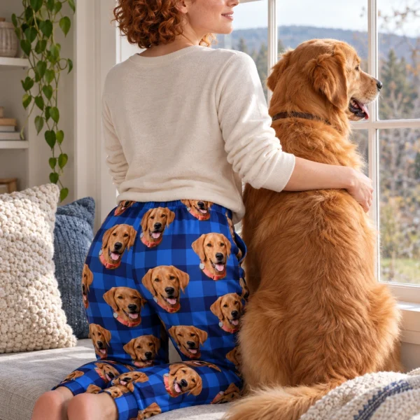 Woman in plaid pajama pants cuddling her golden retriever — MyDogPics