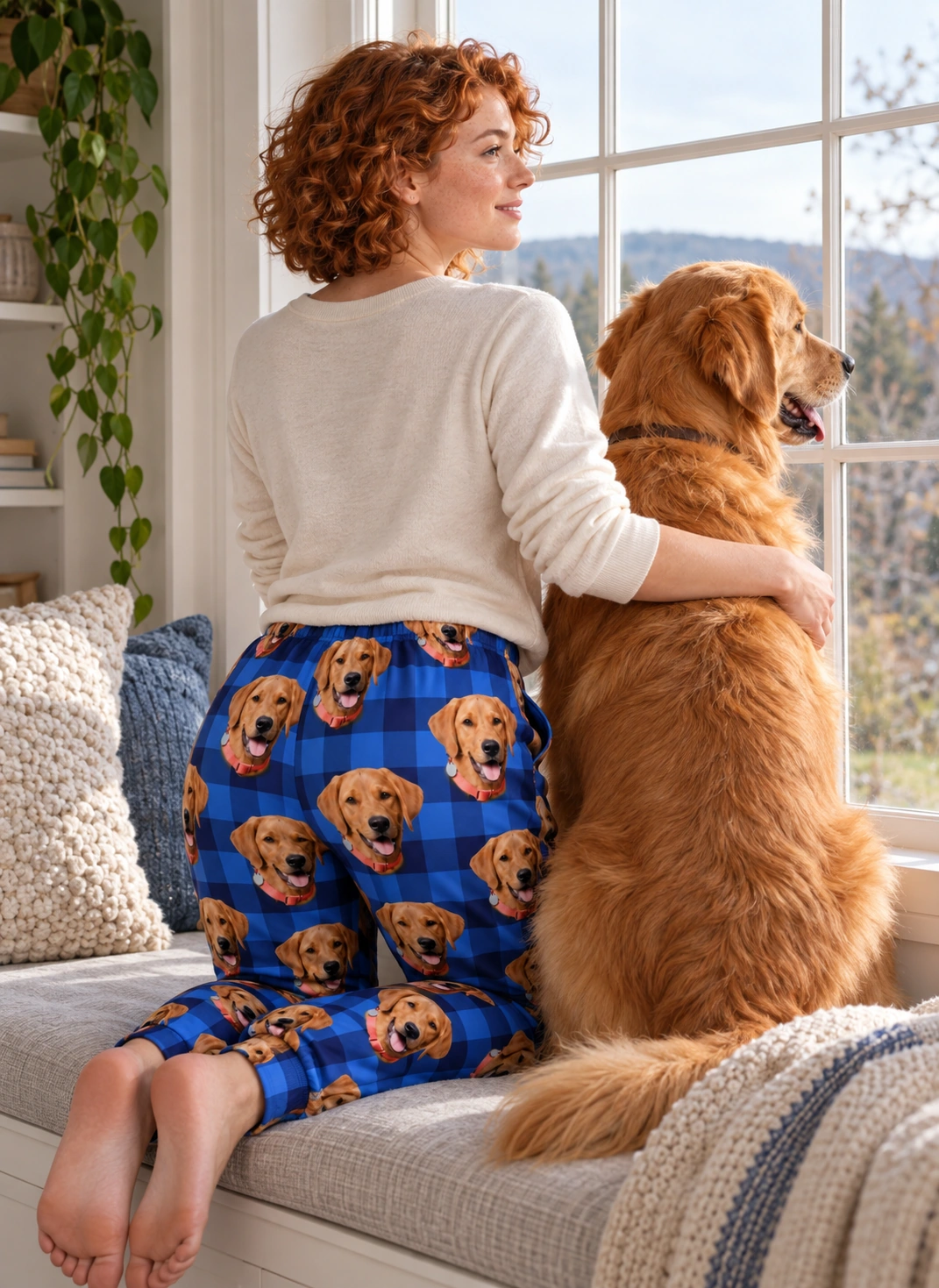 Plaid Pajama Pants – Cuddling Dog, Blue Plaid | MyDogPics Woman in plaid pajama pants cuddling her golden retriever — MyDogPics