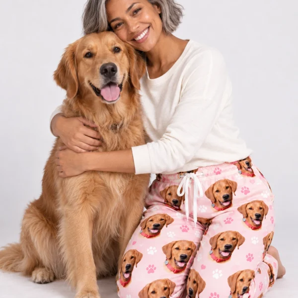 Woman in plaid pajama pants cuddling her golden retriever — MyDogPics