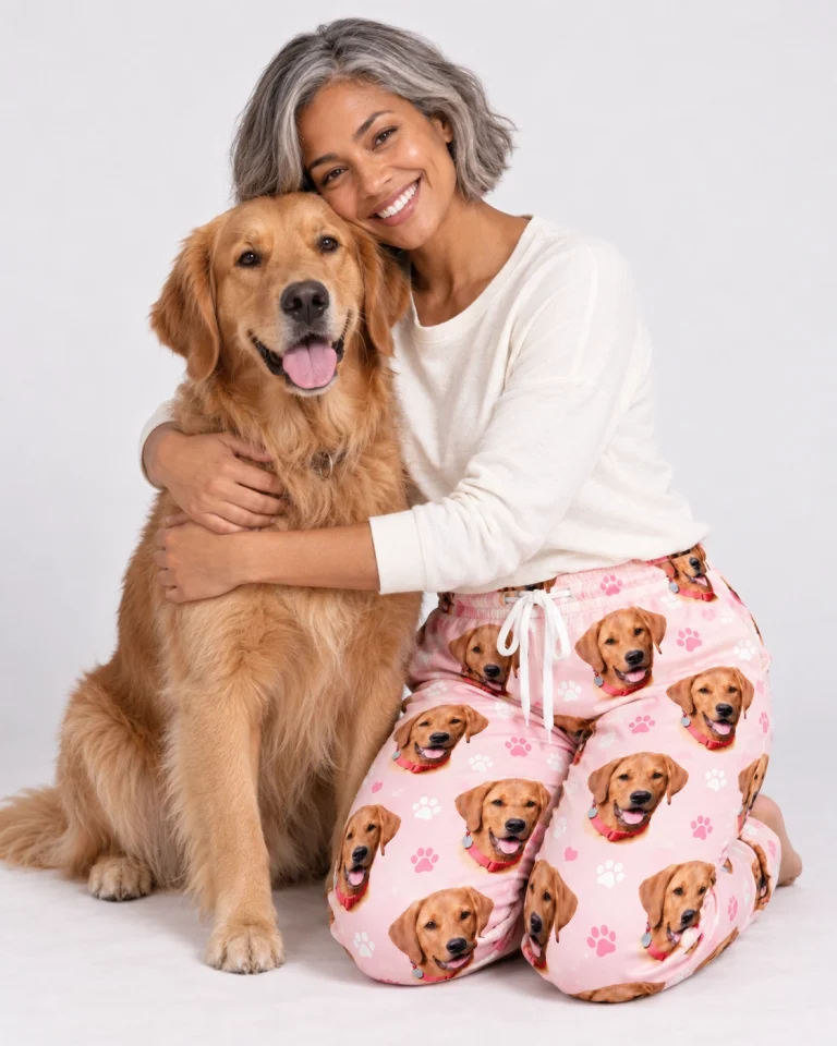 Woman in plaid pajama pants cuddling her golden retriever — MyDogPics