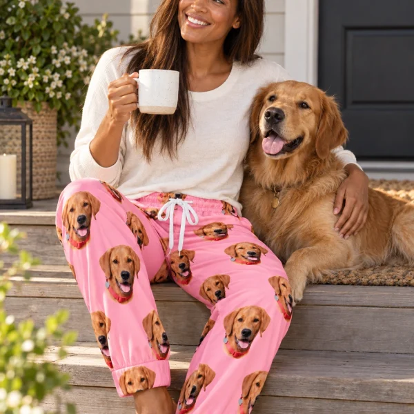 Woman in plaid pajama pants cuddling her golden retriever — MyDogPics