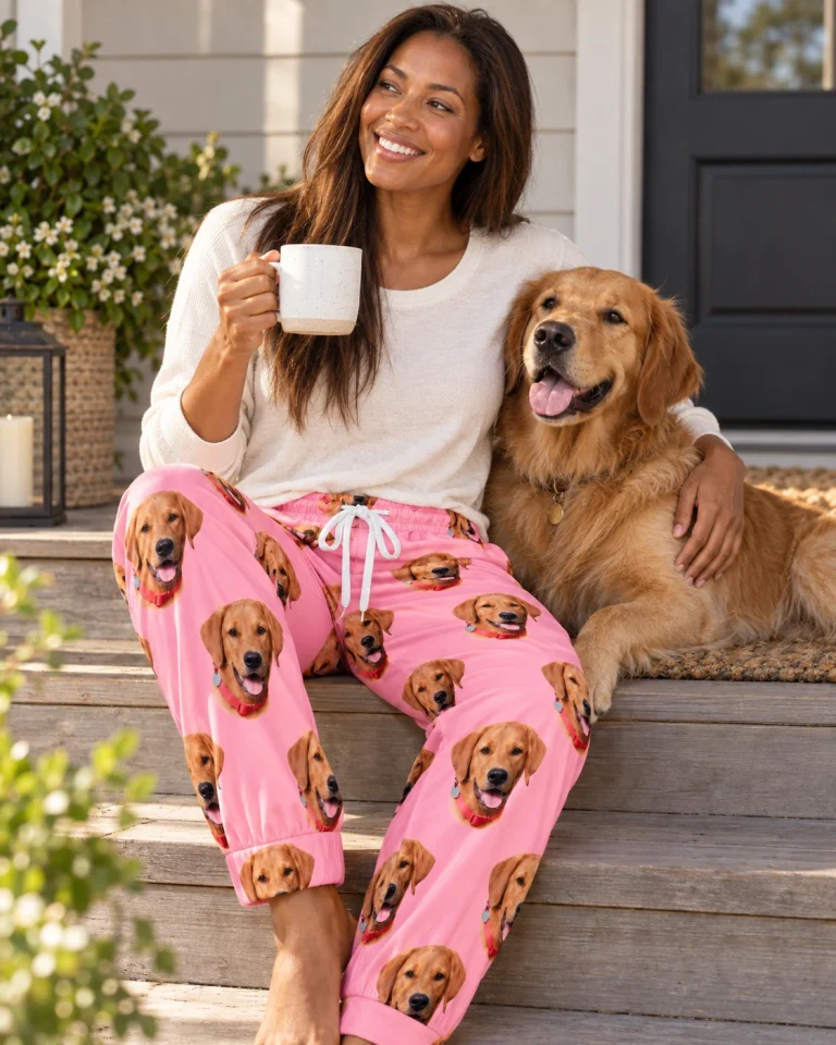 Woman in plaid pajama pants cuddling her golden retriever — MyDogPics