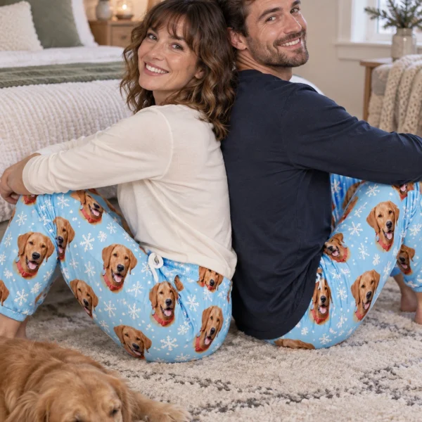 Woman and her partner in matching plaid pajama pants with golden retriever faces on light blue snowflake fabric — MyDogPics