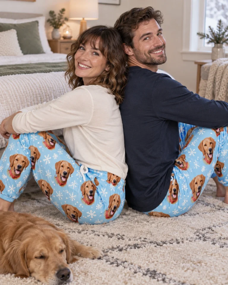 Woman and her partner in matching plaid pajama pants with golden retriever faces on light blue snowflake fabric — MyDogPics