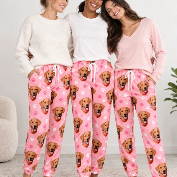 Woman and friends in matching plaid pajama pants with golden retriever faces on pink paw-print fabric — MyDogPics