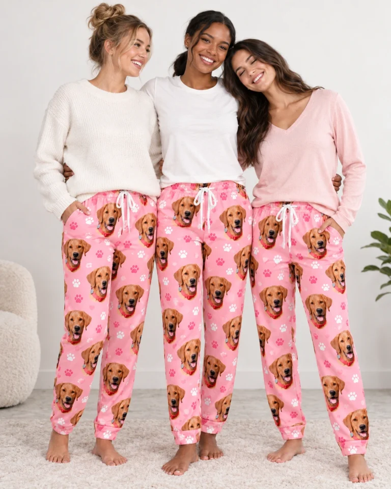 Woman and friends in matching plaid pajama pants with golden retriever faces on pink paw-print fabric — MyDogPics