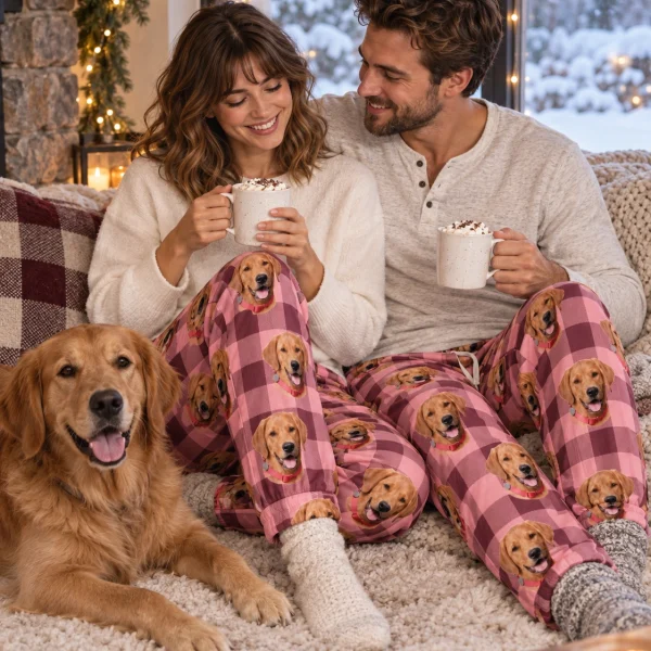Woman and her partner in matching plaid pajama pants with golden retriever faces on pink plaid fabric — MyDogPics