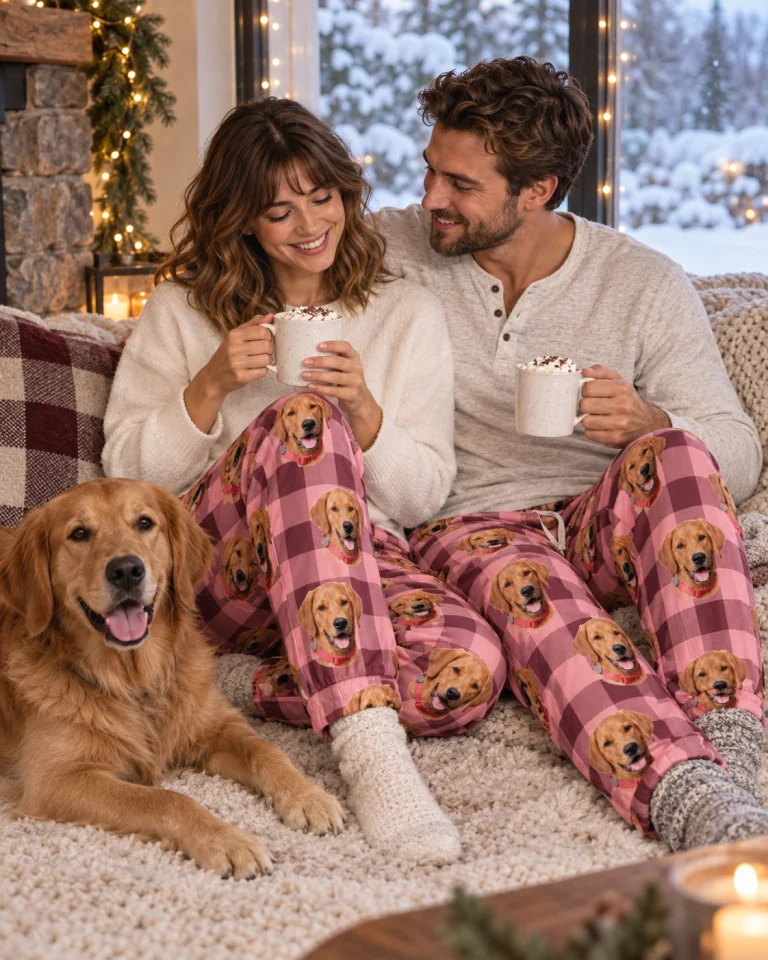 Woman and her partner in matching plaid pajama pants with golden retriever faces on pink plaid fabric — MyDogPics