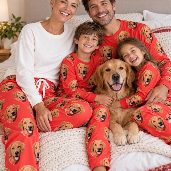 Woman and family in matching plaid pajama pants with golden retriever faces on red fabric — MyDogPics