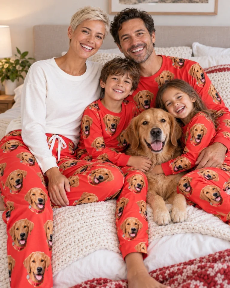 Woman and family in matching plaid pajama pants with golden retriever faces on red fabric — MyDogPics