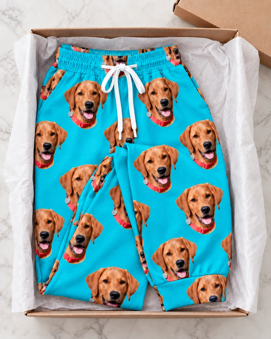 Plaid Pajama Pants – Flat Lay, Teal | MyDogPics Flat lay of plaid pajama pants: pants covered in golden retriever faces — MyDogPics