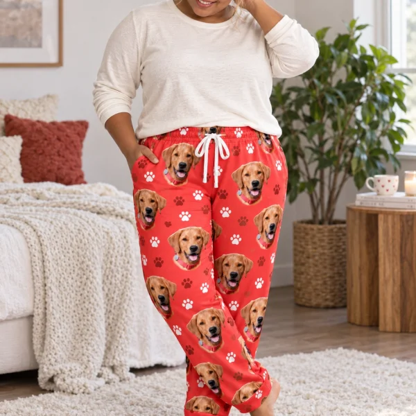 Woman wearing plaid pajama pants covered in golden retriever faces on red paw-print fabric — MyDogPics