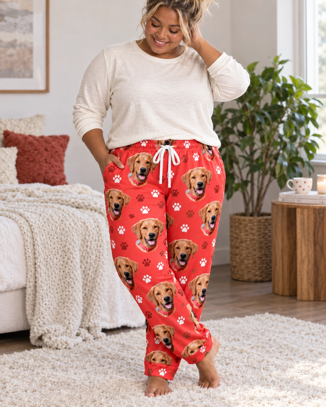 Plaid Pajama Pants – Front View, Red Paw-Print | MyDogPics Woman wearing plaid pajama pants covered in golden retriever faces on red paw-print fabric — MyDogPics