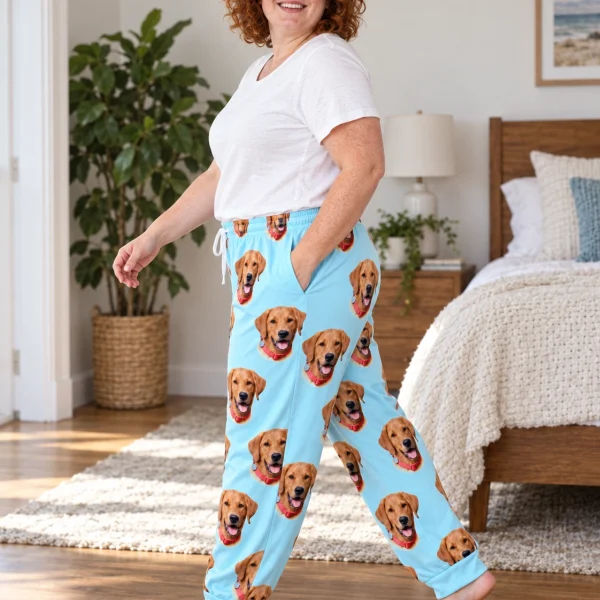 Woman posing in plaid pajama pants, golden retriever faces on light blue fabric — MyDogPics