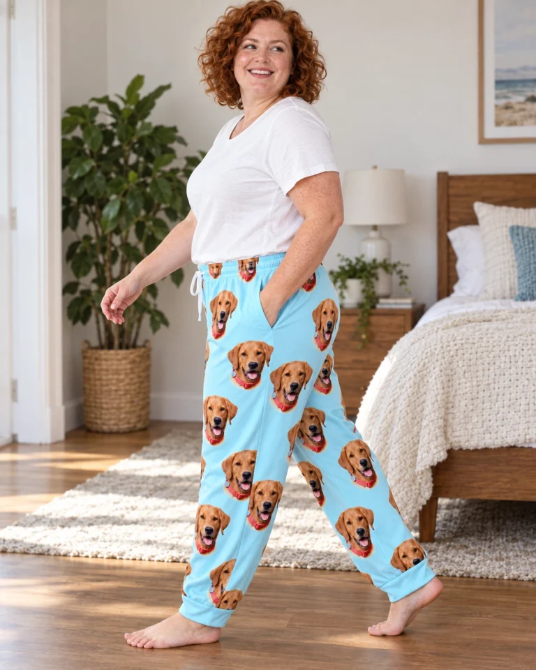 Woman posing in plaid pajama pants, golden retriever faces on light blue fabric — MyDogPics