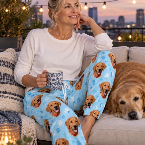 Woman in plaid pajama pants with her golden retriever — MyDogPics