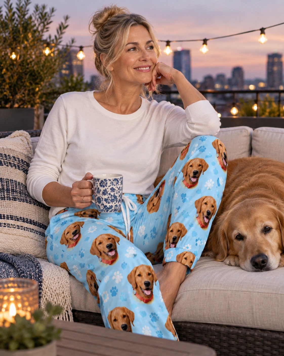 Plaid Pajama Pants – With Dog, Light Blue Paw-Print | MyDogPics Woman in plaid pajama pants with her golden retriever — MyDogPics