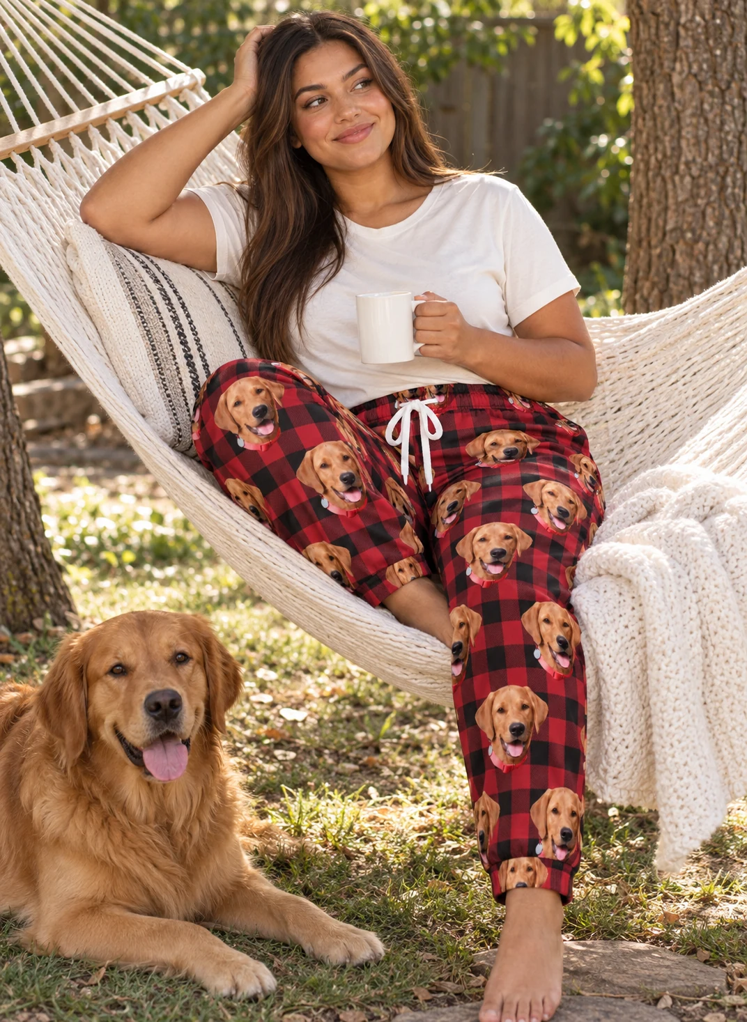 Plaid Pajama Pants – With Dog, Red Plaid | MyDogPics Woman in plaid pajama pants with her golden retriever — MyDogPics