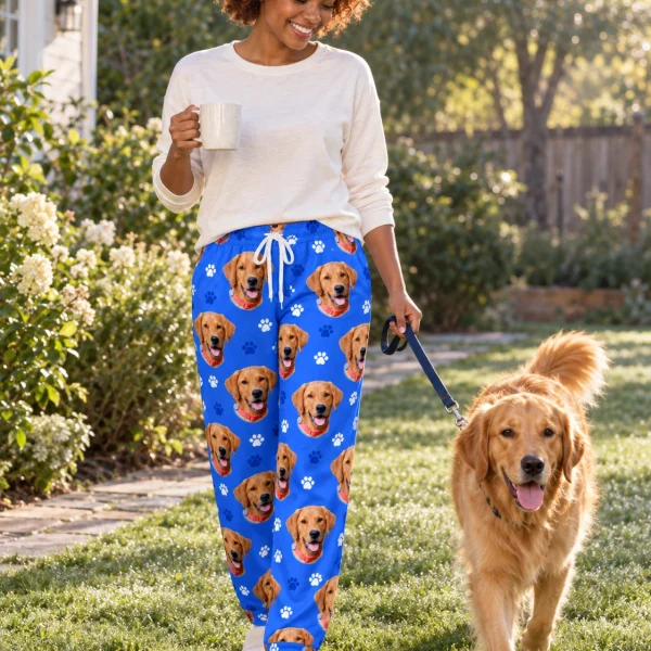 Woman in plaid pajama pants with her golden retriever — MyDogPics